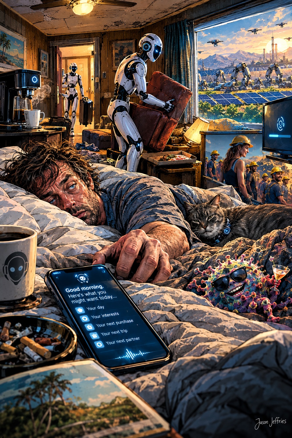 Darkly humorous comic showing an exhausted man in a motel room as robots quietly rearrange his world while AI-driven industry expands outside.