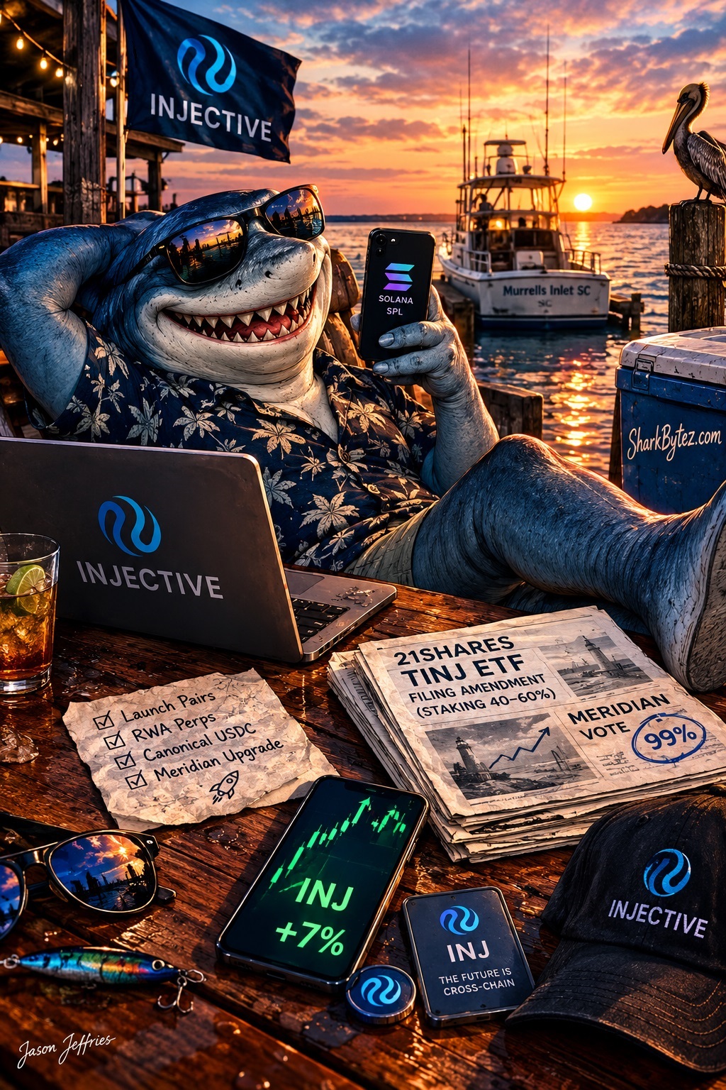 Satirical illustration of a sunglasses-wearing shark representing Injective relaxing at a Lowcountry marina while holding a Solana phone, surrounded by INJ market charts, ETF paperwork and Meridian upgrade headlines