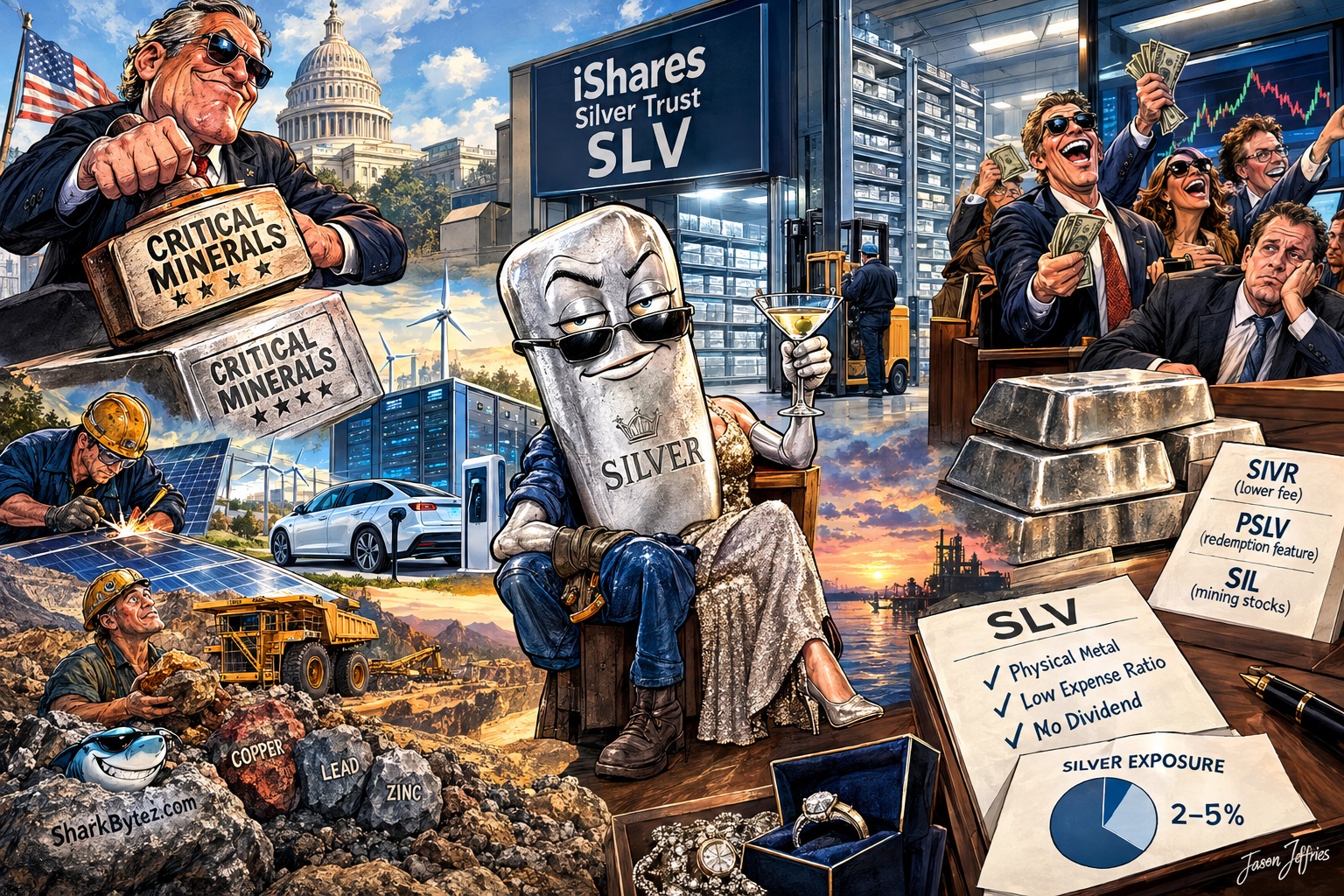 Colorful satirical comic depicting Washington's critical minerals designation for silver, the SLV ETF, industrial demand, mining operations, and investors navigating silver market volatility.