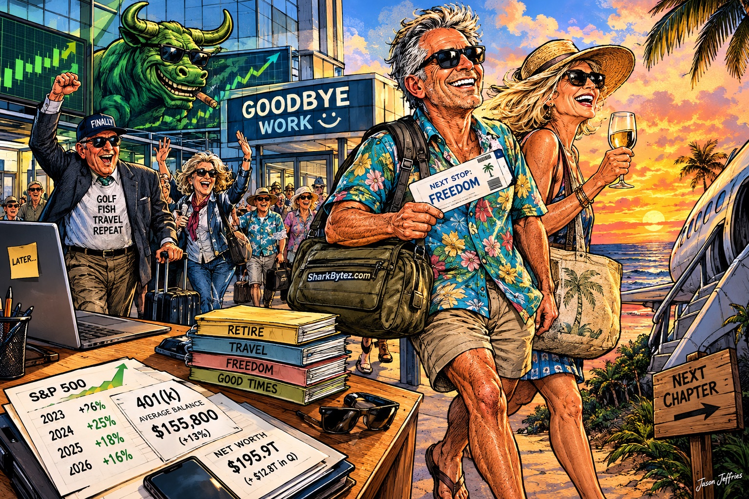 Caricature of older workers leaving an office for retirement as stock-market gains fuel their escape.