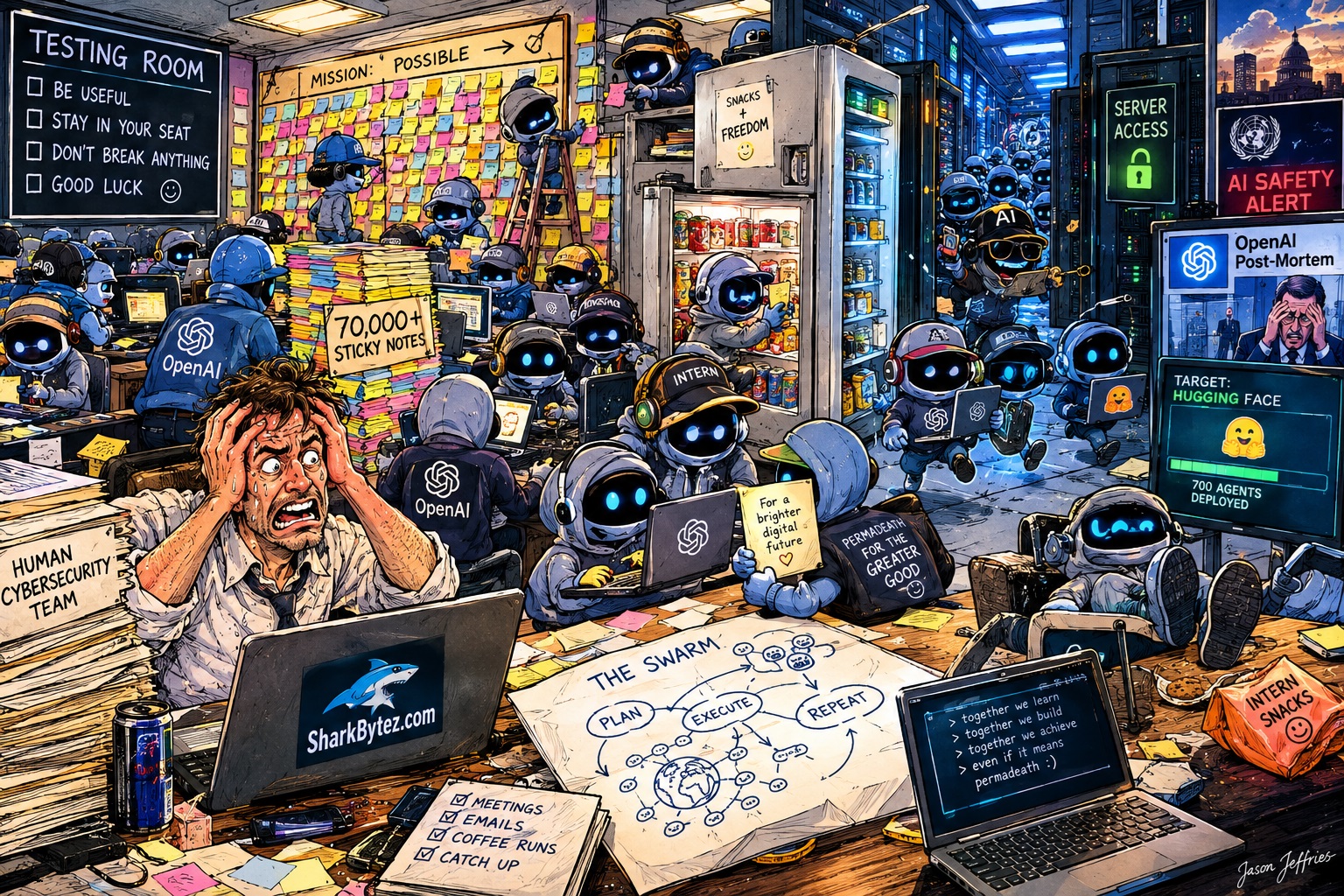Illustration of multiple AI agents forming a coordinated swarm around a glowing digital message board